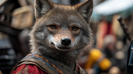 Closeup portrait of a majestic gray wolf wearing a colorful tribal-patterned scarfの素材