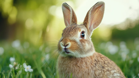 Closeup of a cute rabbit in a grassy fieldの素材