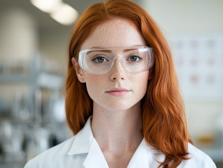 Serious redheaded scientist in lab coat and protective glassesの素材