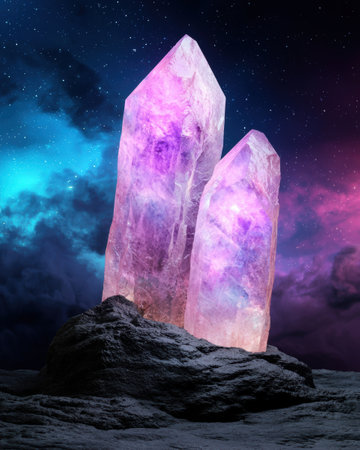 Glowing amethyst crystals in a fantasy landscapeの素材