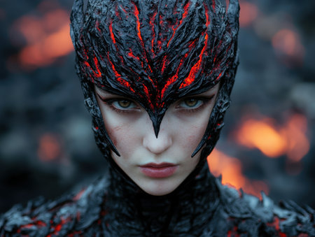 Mysterious dark fantasy character with glowing red markingsの素材