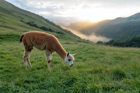 Grazing llama in scenic mountain landscape at sunsetの素材