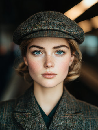 woman with blue eyes wearing a tweed capの素材
