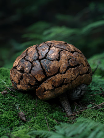 Cracked mushroom on mossy forest floorの素材