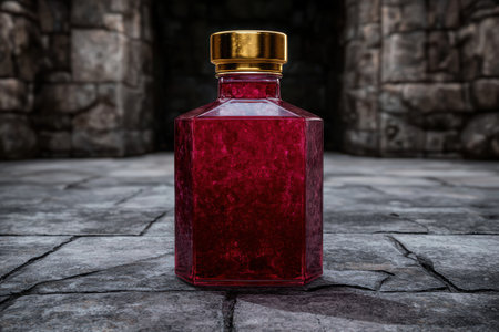 Elegant red liquor bottle on dark stone backgroundの素材