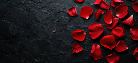 Romantic red rose petals on black backgroundの素材