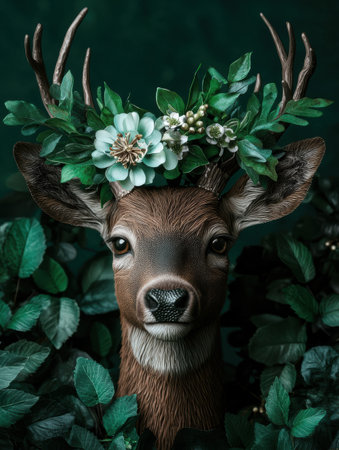 Deer with floral crown in forestの素材
