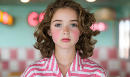 portrait of a young woman with curly hair and frecklesの素材
