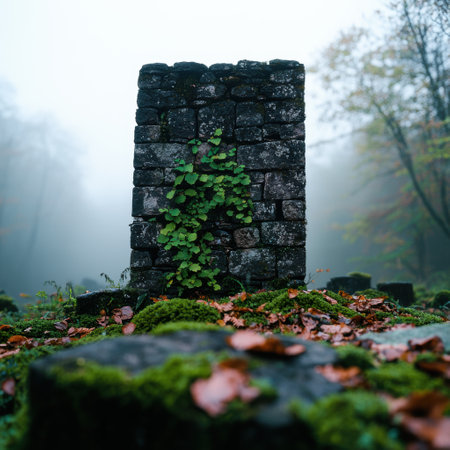 Moss-covered stone wall in a misty forestの素材