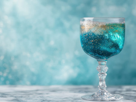 Sparkling cocktail with teal and gold glitter in a glassの素材