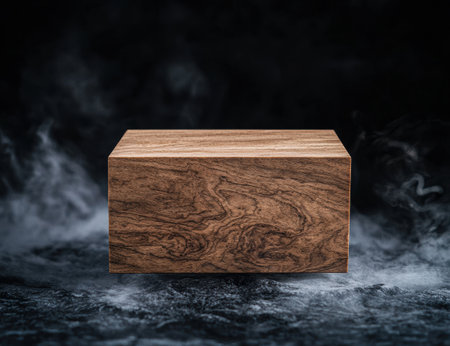 Wooden box on dark background with smokeの素材