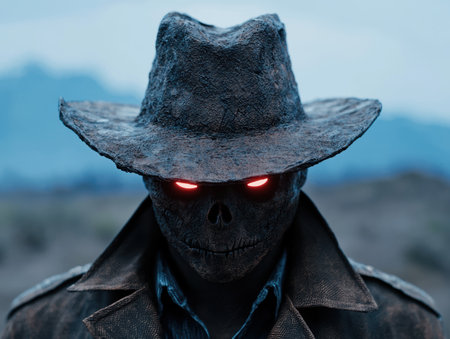 Mysterious dark figure with glowing red eyesの素材