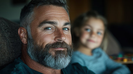 Thoughtful bearded man with young girl in backgroundの素材