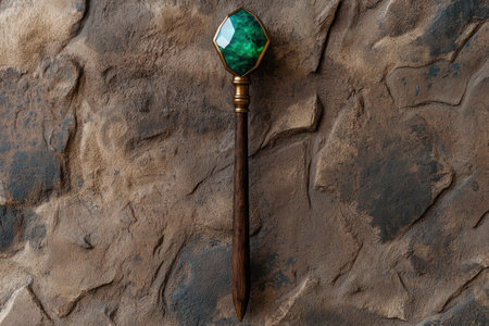 Ornate dagger with emerald gemstone on rocky backgroundの素材