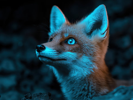 Captivating close-up of a vibrant blue-eyed foxの素材