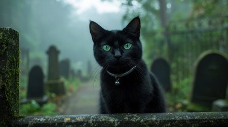Mysterious black cat in a haunting forest settingの素材