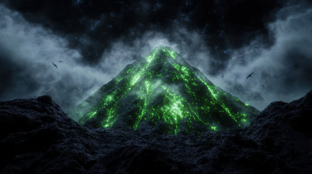Glowing green mountain in dark cloudy night skyの素材