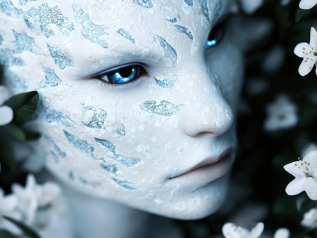 Ethereal ice queen with blue skin and flowersの素材