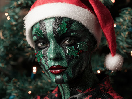 festive holiday portrait of a person with a green and red face paintの素材