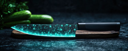 Glowing chef's knife on wooden cutting board with fresh cucumbersの素材
