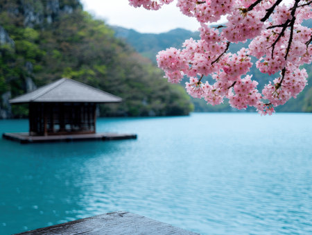serene japanese lake with floating pavilion and cherry blossomsの素材