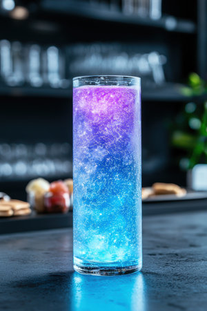Vibrant blue and purple cocktail drink with bubblesの素材