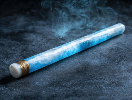 Smoking blue incense stick on dark backgroundの素材