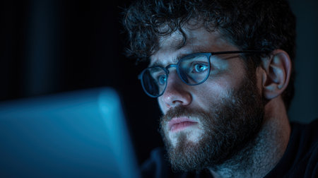 Focused man working on laptop in dark roomの素材