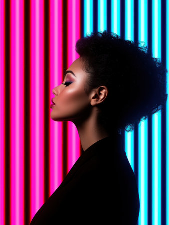 woman with curly hair in colorful lightingの素材