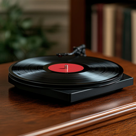 Vintage vinyl record player on wooden tableの素材
