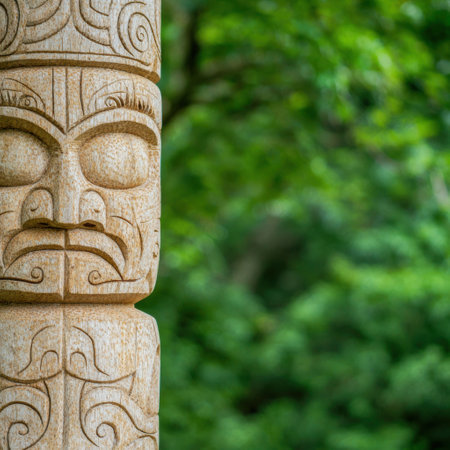Carved wooden totem pole in lush green forestの素材