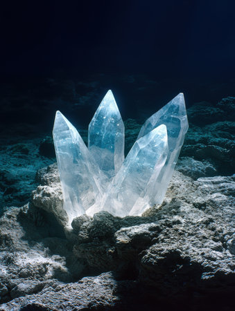 Glowing crystal formations in underwater caveの素材