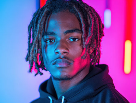 young man with dreadlocks in colorful lightingの素材