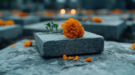 Vibrant marigold flower on granite stoneの素材