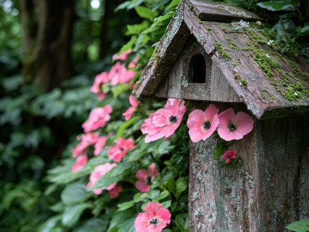 Weathered birdhouse surrounded by vibrant pink flowersの素材