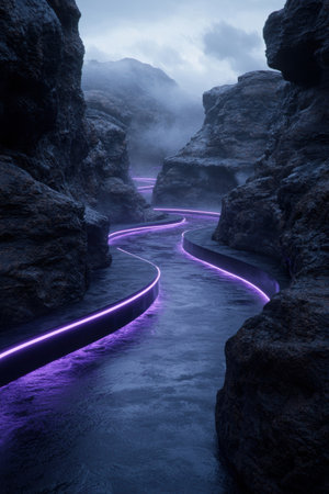 Glowing river flowing through misty canyonの素材