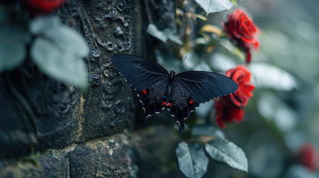 Vibrant butterfly resting on dark tree barkの素材