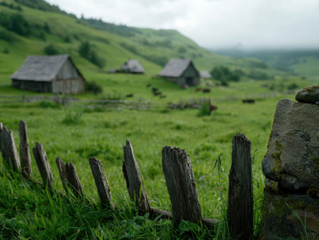 Rustic wooden cabins in a lush green mountain landscapeの素材