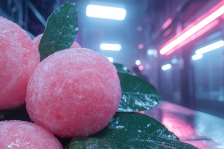 Close-up of juicy pink grapefruit with leavesの素材