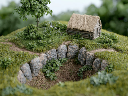 Miniature rustic cabin in lush green forest landscapeの素材