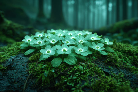Lush green forest floor with delicate white flowersの素材