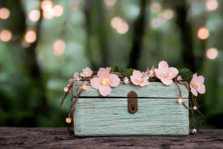 Vintage wooden chest with pink flowers and lightsの素材