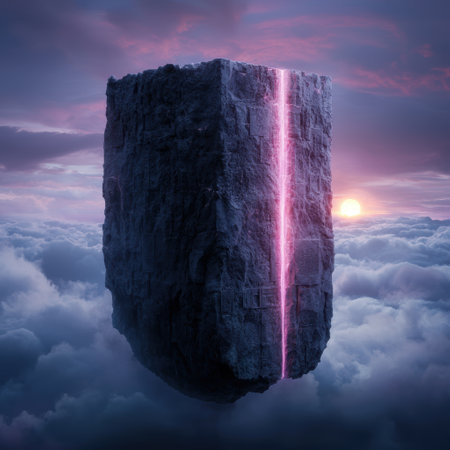 Surreal floating rock formation with waterfall in the cloudsの素材