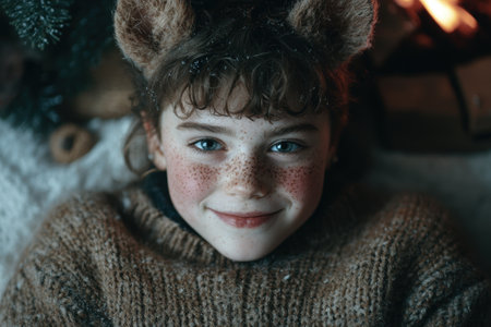 Smiling child with freckles and curly hairの素材