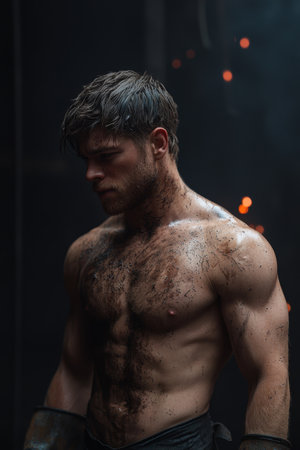 muscular shirtless man with beard and wet skinの素材