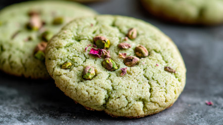 Delicious green pistachio cookies on dark backgroundの素材