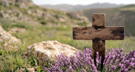 Rustic wooden cross in a field of lavenderの素材
