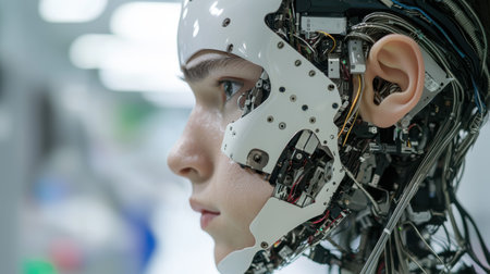 Futuristic cyborg with robotic faceの素材