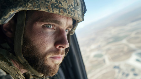Soldier with Focused Expression in Military Uniformの素材