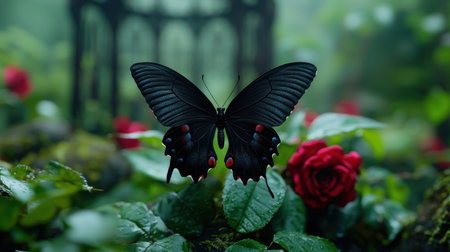 beautiful black butterfly on green leaves with red roseの素材